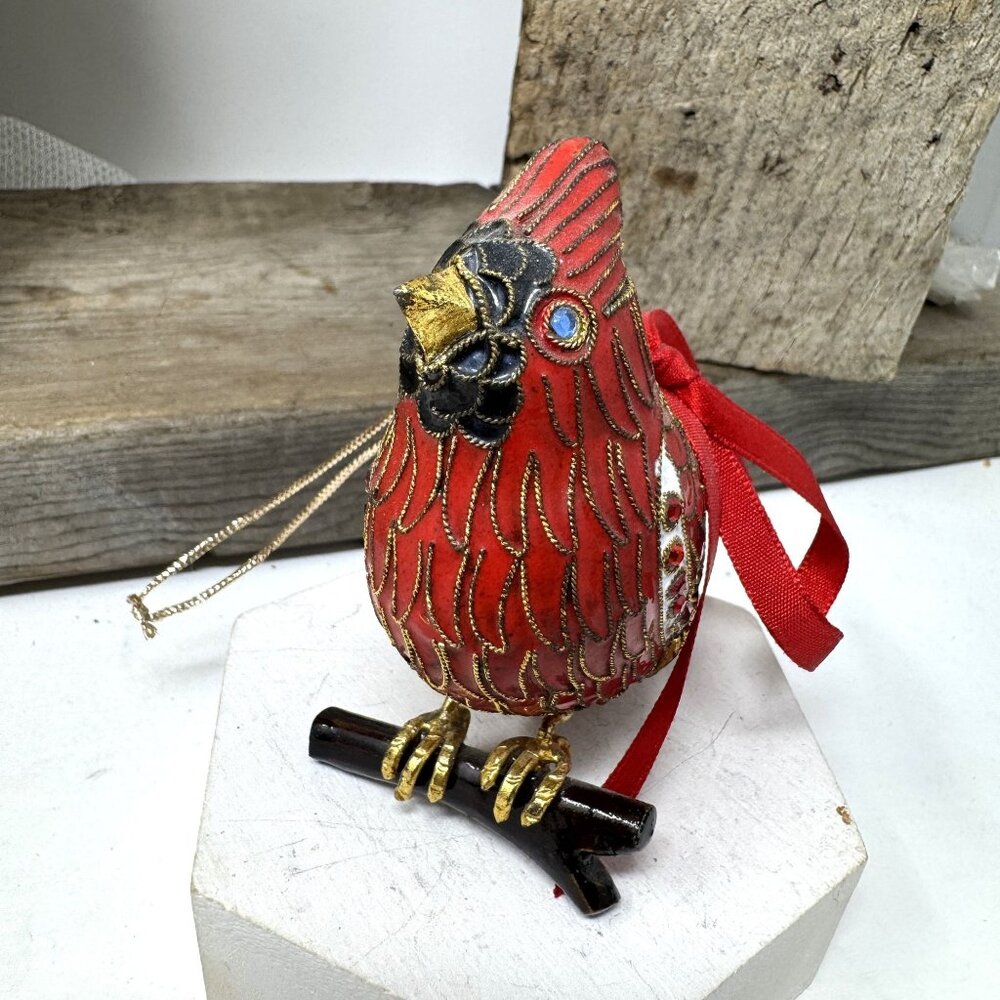 Vintage Red  Cloisonné Enamel Jeweled Cardinal Ornament Gold Trim